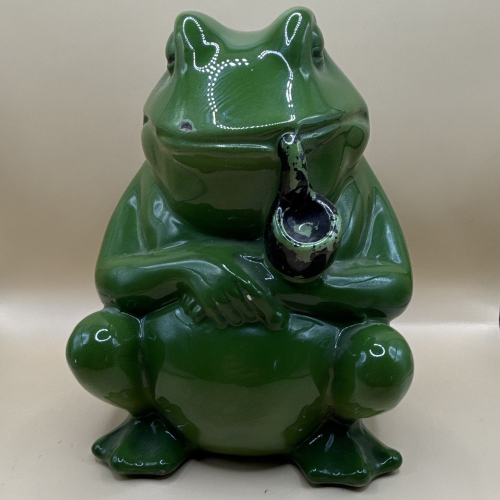 VTG Green Ceramic Frog with pipe Planter Hand Painted Glazed Animal Decor