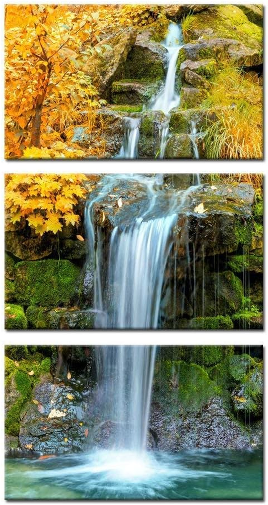 Arte de pared en lienzo de 3 piezas cascada en amarillo otoño paisaje cuadro vertical G