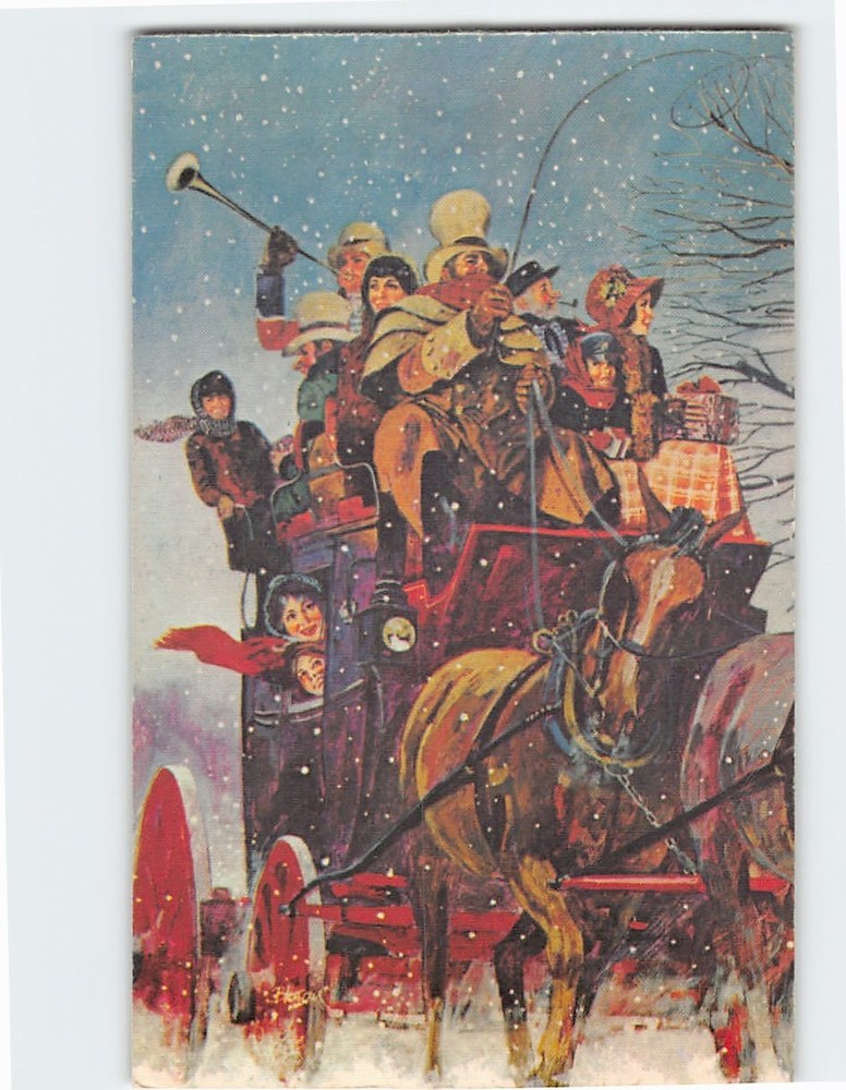 Postcard Stagecoach Filled with People Winter Scene Art Print