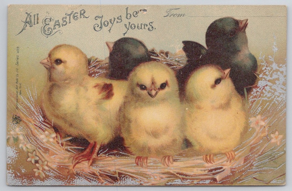 Vintage Easter Chicks Postcard - National Art Pub Co Embossed Glitter 1910s