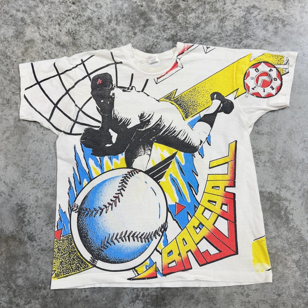 Vintage Baseball Shirt Mens XL White All Over Graphic Comic Fruit Loom 90s