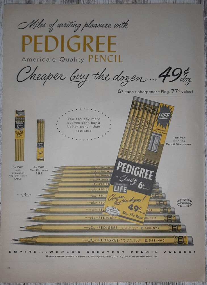 1957 Pedigree Vintage Print Ad Pencil Dozen Empire Company Shelbyville Tennessee