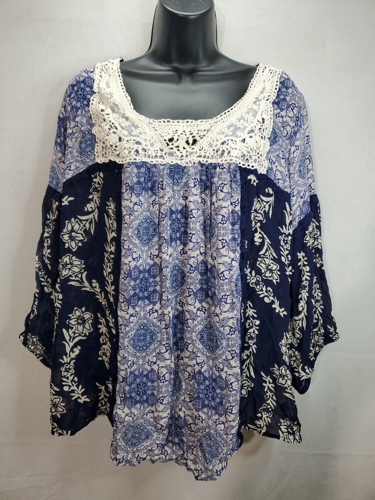 Vintage Bila Blouse Women's Size XL 3/4 Sleeve Crochet Lightweight Boho Peasant