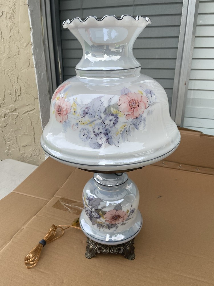 Vintage Accurate Casting Hurricane Lamp Blue with Floral Flowers 25