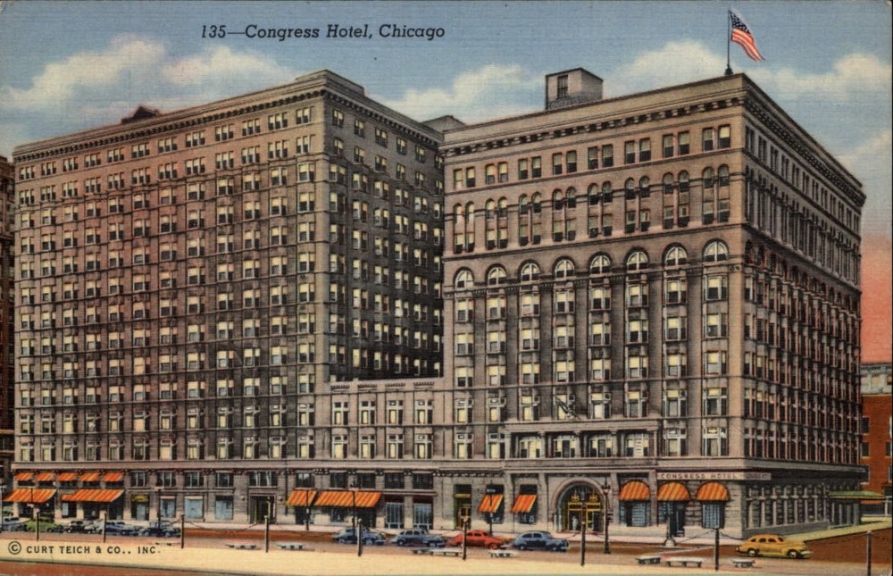 Congress Hotel Chicago Illinois flag vintage cars ~ dated 1950 linen postcard