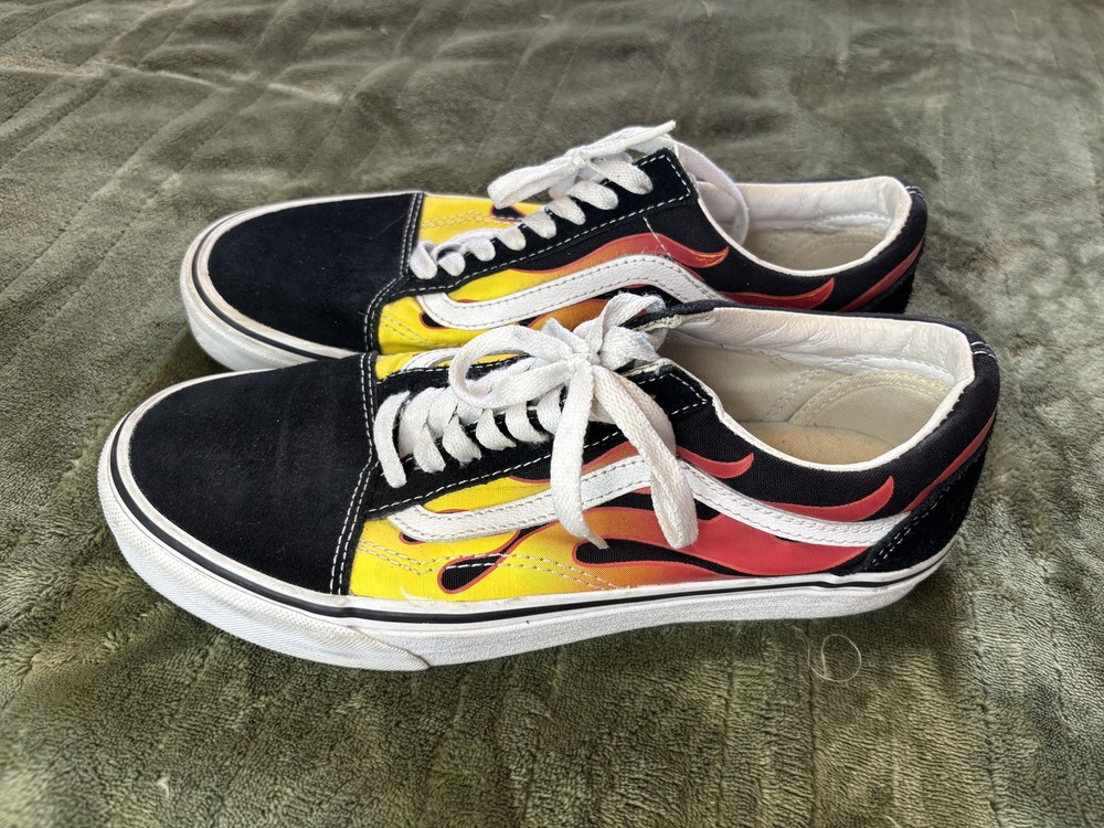 Vans Old Skool Flame Shoes Mens Size 8.5 Black Yellow Skate Sneakers Low Top