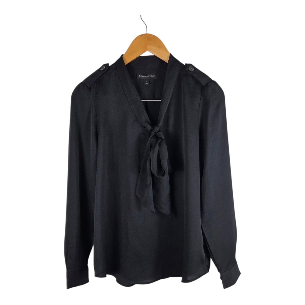 Banana Republic Black Tie-Neck Long-Sleeve Blouse Size Small