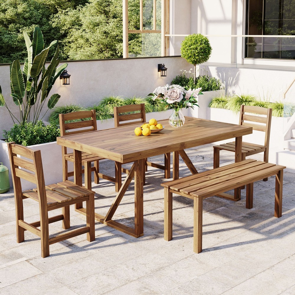 Acacia Wood 6-Piece Outdoor Patio Dining Set with Table Chairs and Bench  -image