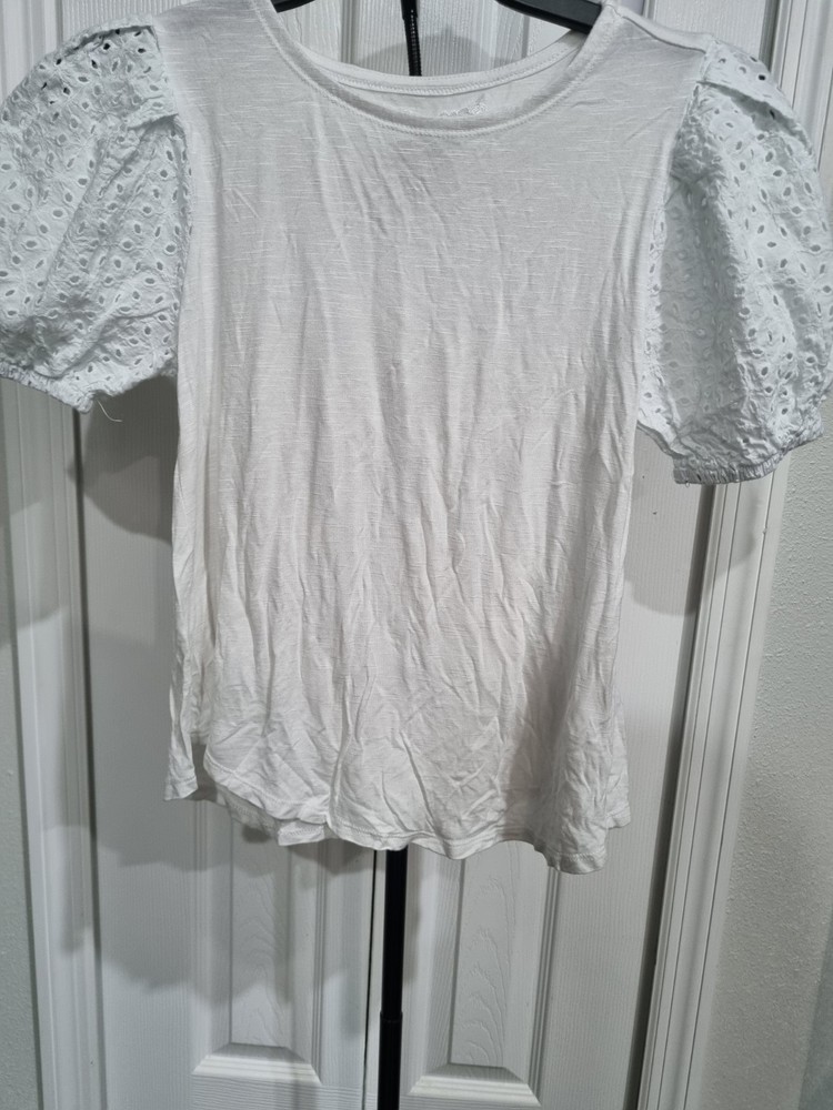 Cupio White Cotton Knit Eyelet Crew Neck Puff Short Sleeve Top Size XS