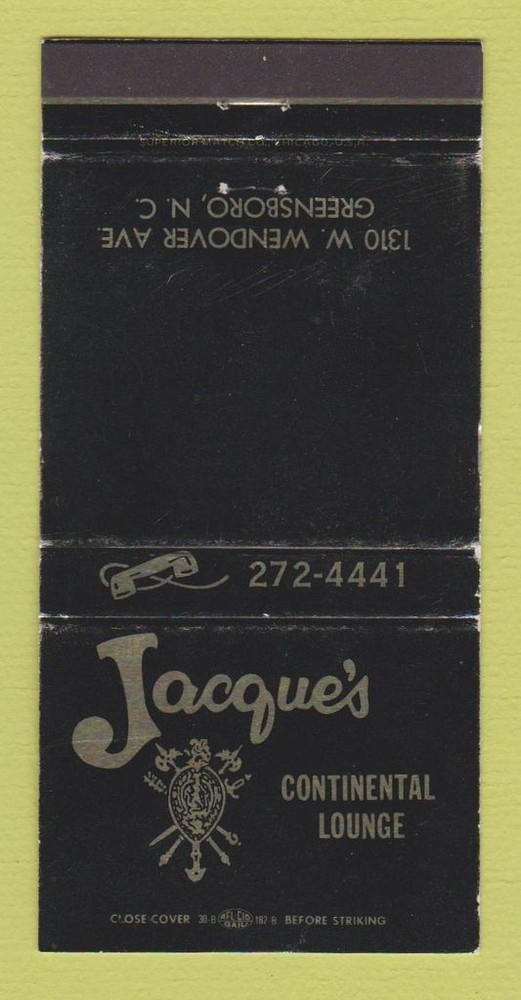 Matchbook Cover - Jacque's Restaurant Greensboro NC WEAR 30 Strike