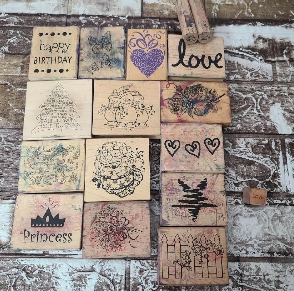 Wood Mounted Stamps Rubber Stamp Lot Of 17 Assorted Scrapbooking Craft Supplies