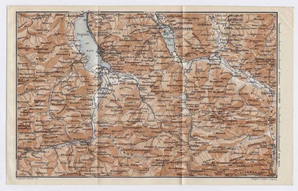 1910 Antique Map Of Vicinity Of Tegernsee Schliersee Alps Bavaria Bayern Germany