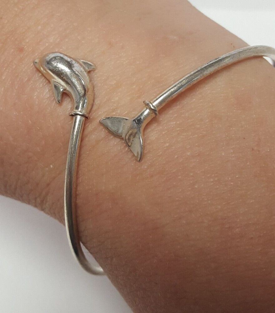 Dolphin Sterling Silver Bracelet By-Pass Wrap Bangle Vintage 925 Head Tail Beach