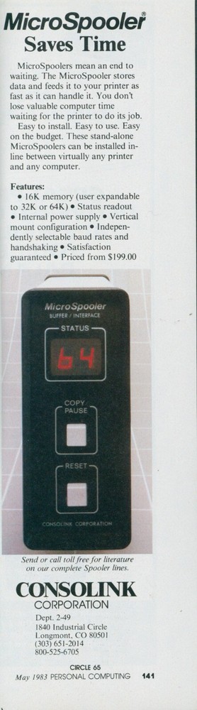1983 Consolink MicroSpooler Saves Time End To Waiting Easy Install Use Ad PEC1