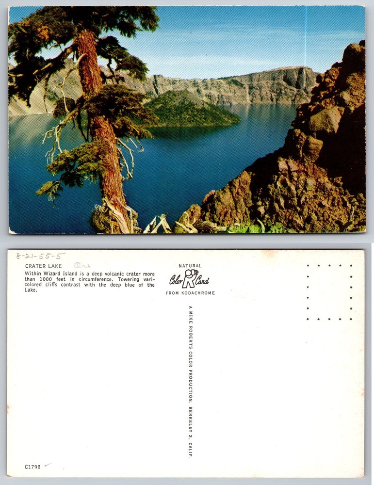 Vintage Crater Lake Oregon Postcard - Wizard Island Mike Roberts 1955