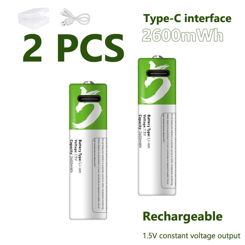 2PCS USB AA  2600mWh 1.5V Li-ion Rechargeable Battery Fast Charge Type C Cable