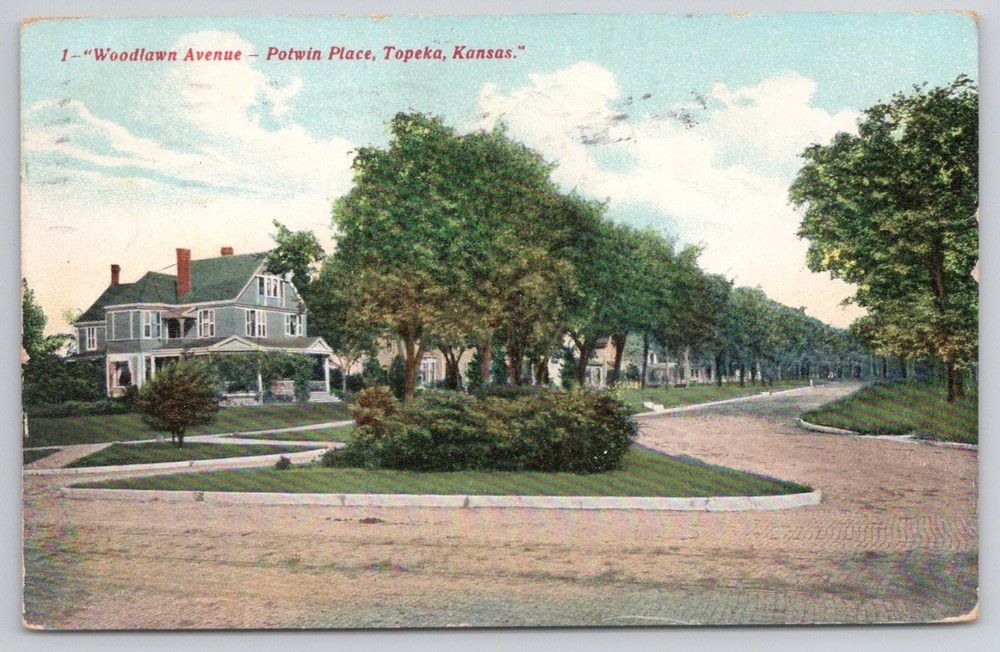 1909 Topeka Kansas Woodlawn Ave Potwin Place Tree-Lined Street Postcard