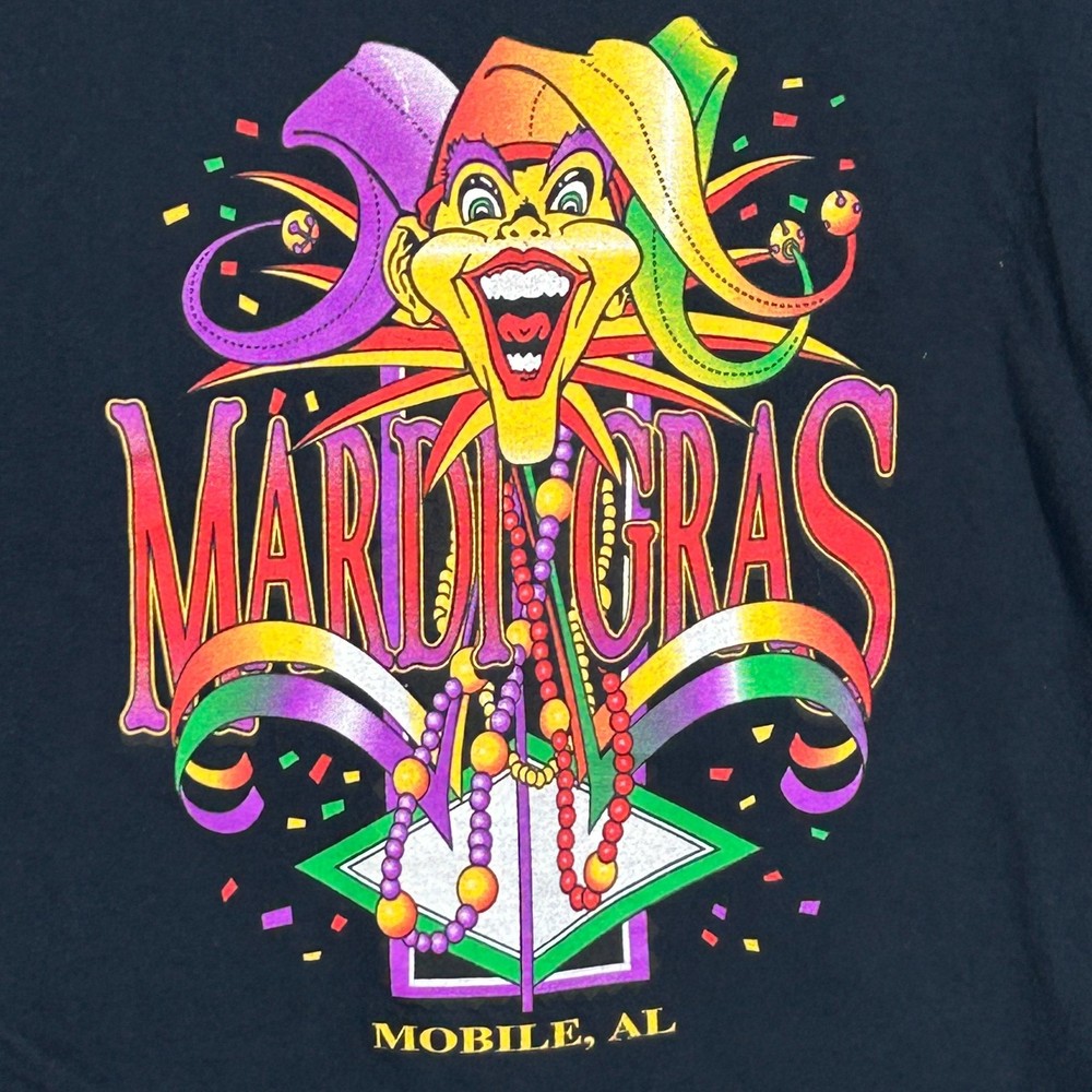 Gildan T-Shirt Mens XL Mardi Gras Mobile AL Jester Graphic Black Cotton Beads