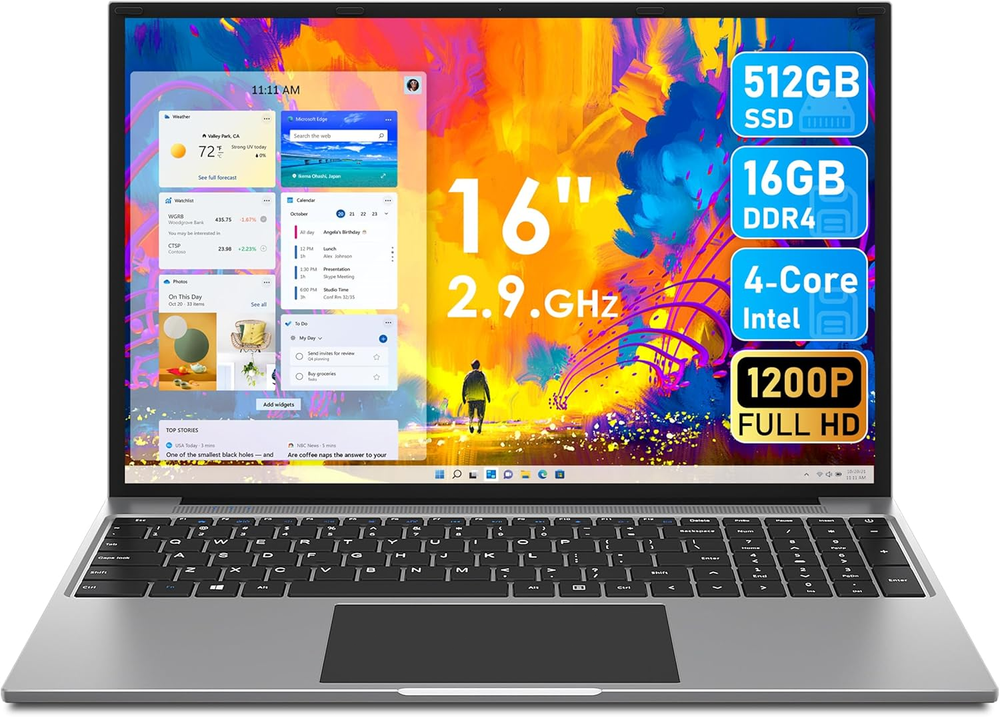 16 Inch FHD IPS Laptop with 16GB DDR4 512GB SSD Quad Core up to 2.9GHz Dual Band WiFi