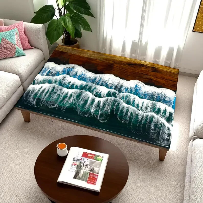 Custom Epoxy River Dining Table with Acacia Wood Countertop Luxury Modern Furniture-image
