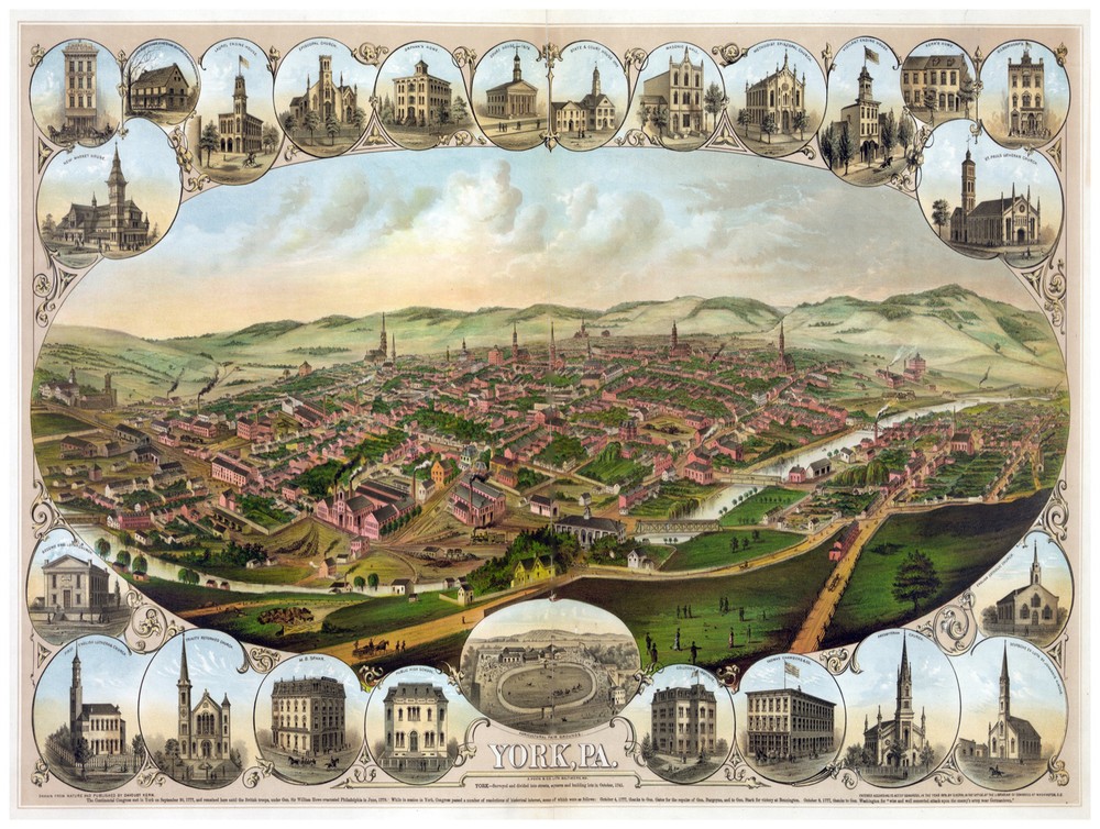 Decor Poster. Fine Graphic Art. York, PA panoramic view. Home Wall Design. 1206