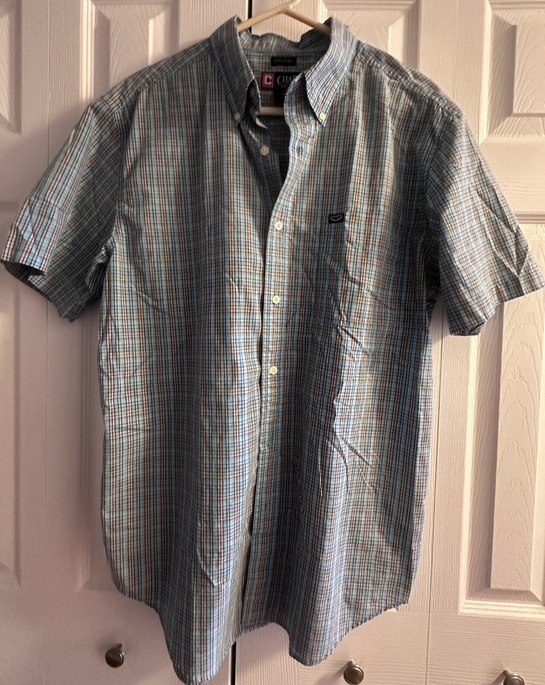 Chaps Men's Large Shirt Short Sleeve Button Front Blue Orange Plaid Easy Care