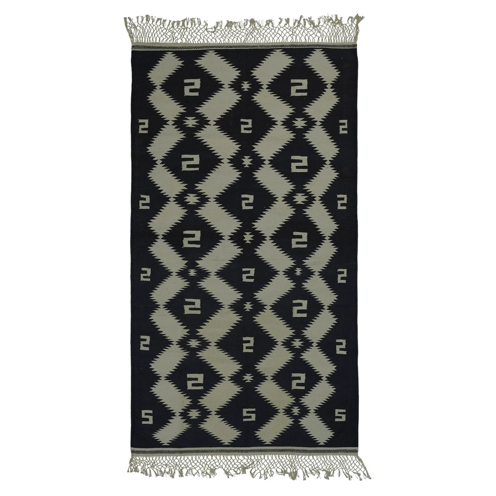 Modern Handwoven Cotton Dhurrie Rug Black and Gray Design Handmade Carpet Rug