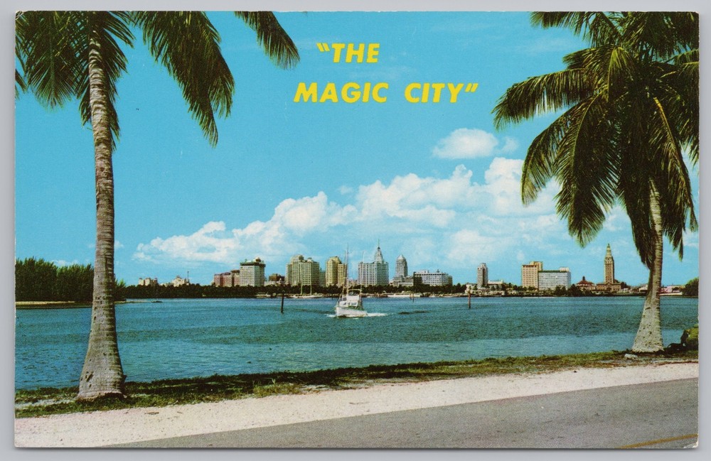Florida~The Magic City~Skyline Of Miami W/ Boat~Curteich Color~Vintage Postcard