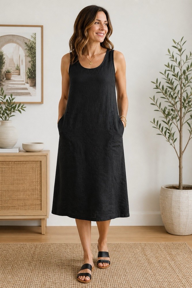 Black Linen Blend Dress Scoop Neck Side Pockets Sleeveless Maxi L Vintage