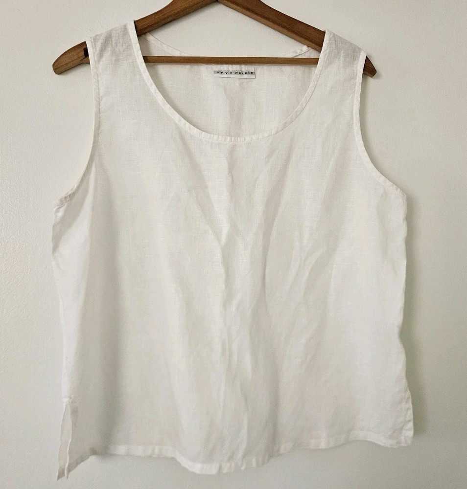 Bryn Walker Womens Top 100% Linen Sleeveless White Coastal Lagenlook Relaxed USA
