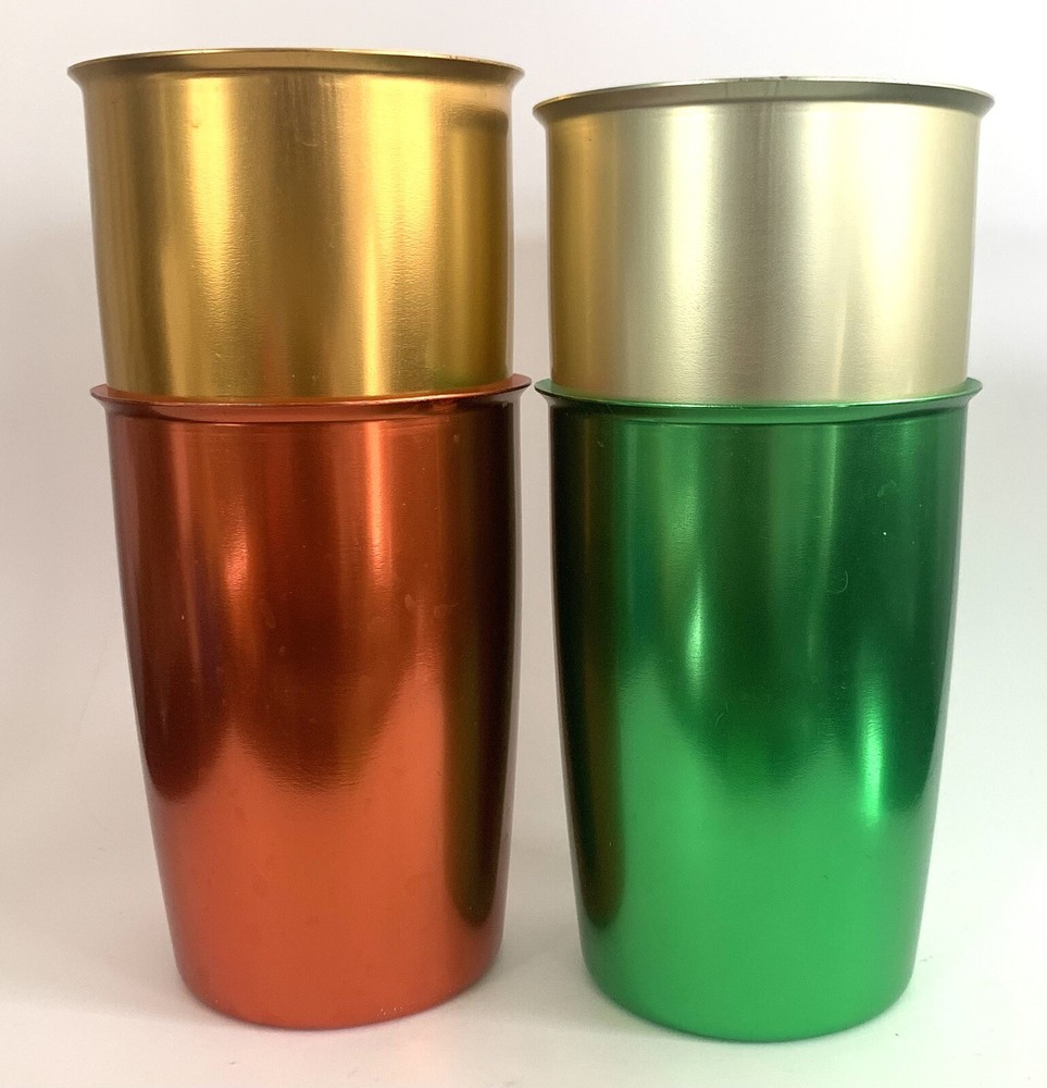 4 Vintage Mardi Gras Festiveware USA Aluminum Drink 4” Cups Red Green Gold