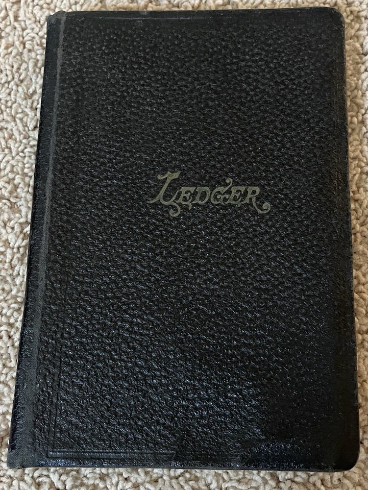 Antique early 1900s black pebbled leather ledger book