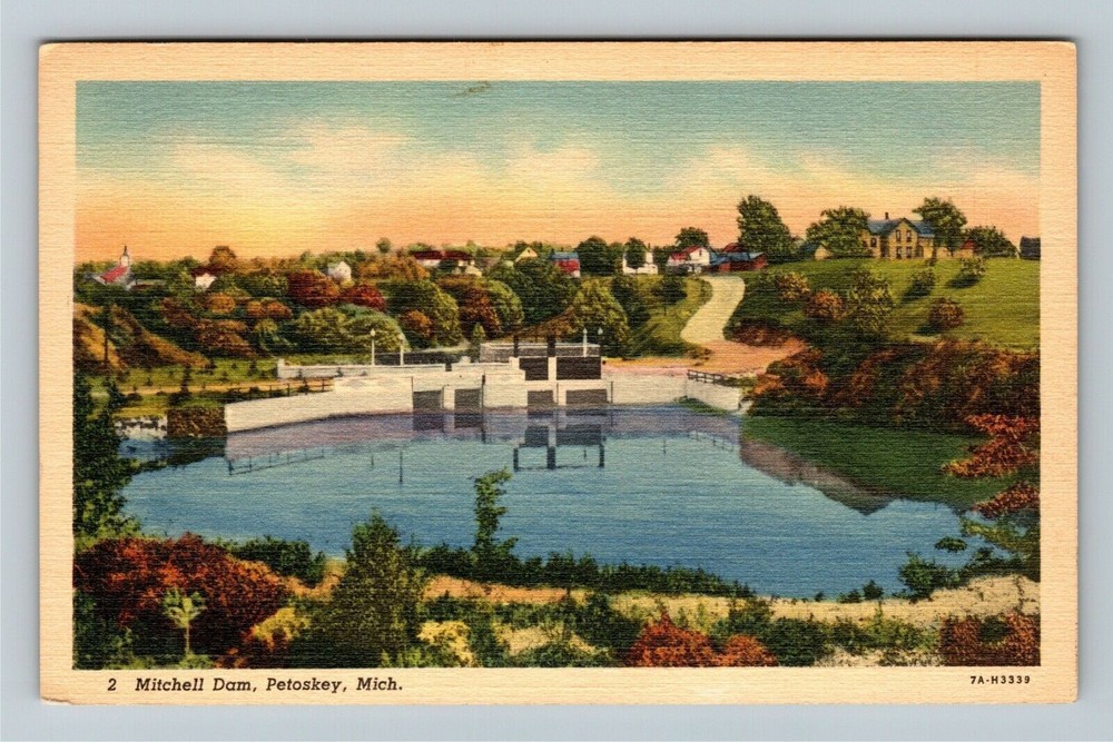 Petoskey, MI-Michigan, Mitchell Dam, Lake, Fall Leaves, Vintage Postcard
