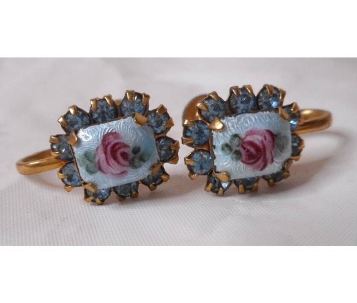 Vintage Guilloche Rose Rhinestone Earrings Pink Blue Gold Tone Screw-Back 3/4