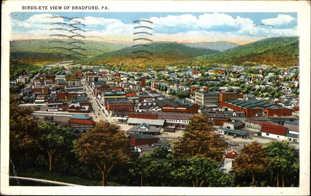 Birds eye view of Bradford Pennsylvania PA 1930s postcard