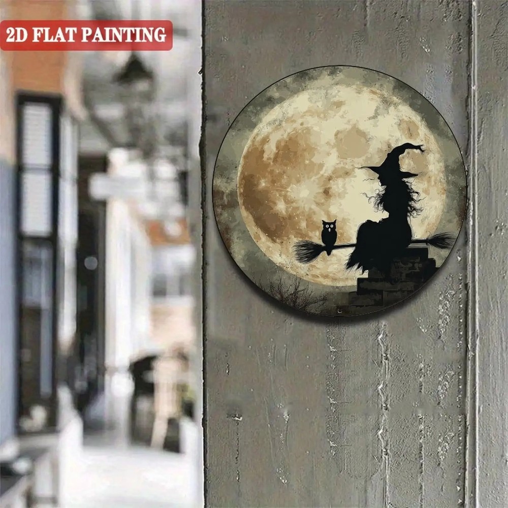 Halloween Witch Owl Round Aluminum Sign Spooky Home Decor