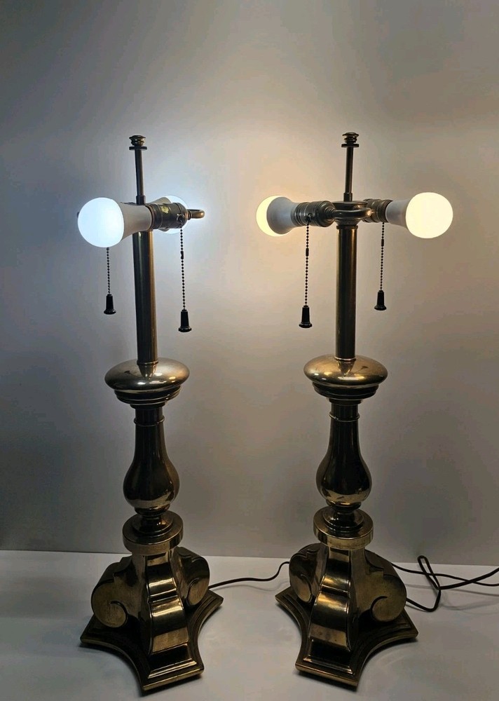 Vintage Stiffel Solid Brass Table Lamps Pair – Heavy Double Socket Mid-Century