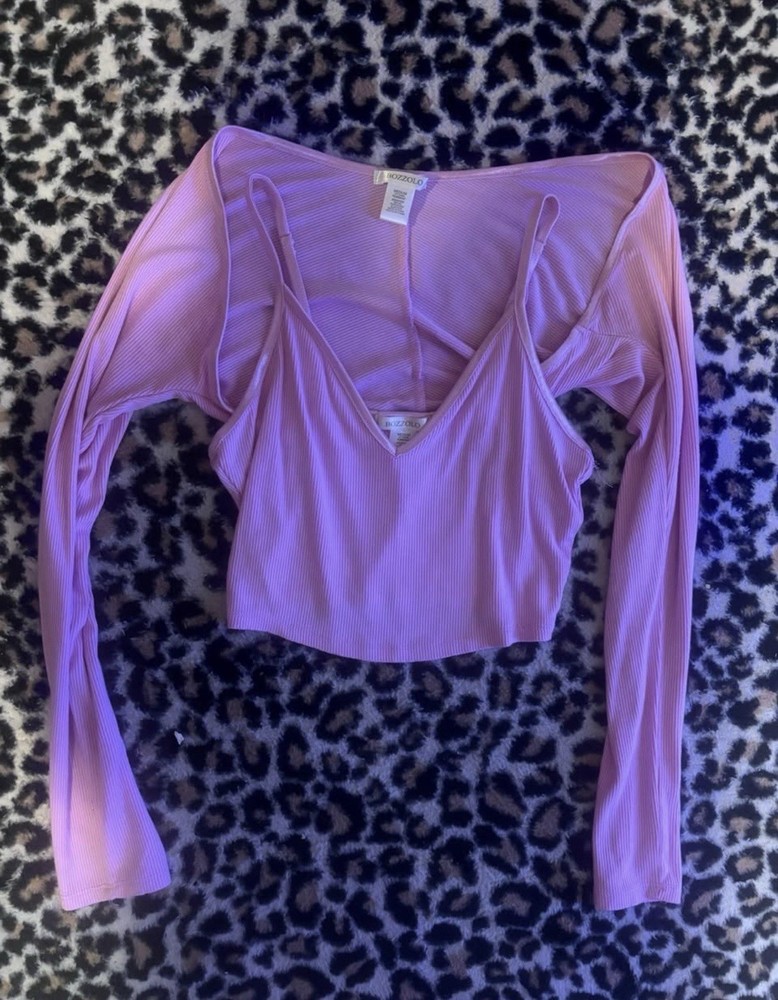 Bozzolo Pink Ribbed Knit Cropped V-Neck Long Sleeve Women's Top Size M