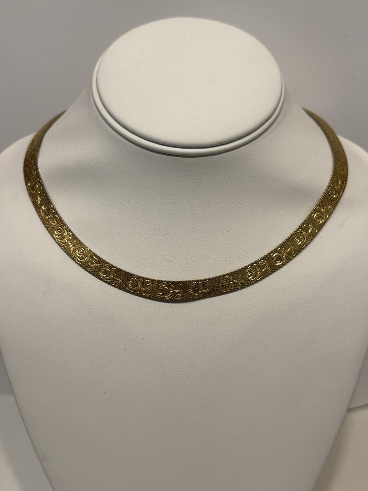 Vintage Monet Gold Tone Etched Rose Floral Mesh Omega Choker Collar Necklace