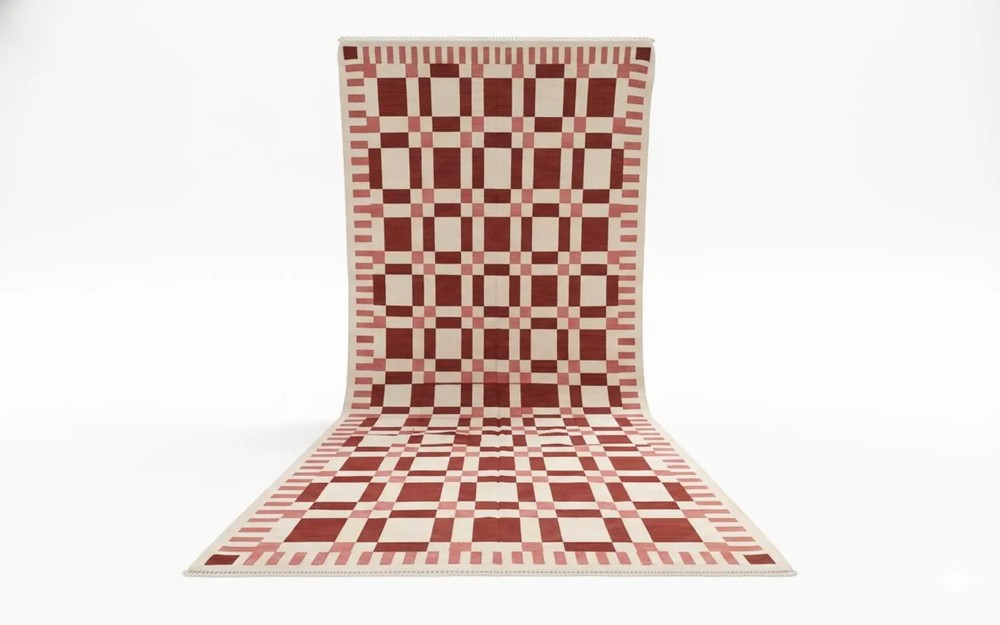 Modern Geometric Handwoven Wool Kilim Rug Color Pink & Red Beige Carpet Area Rug