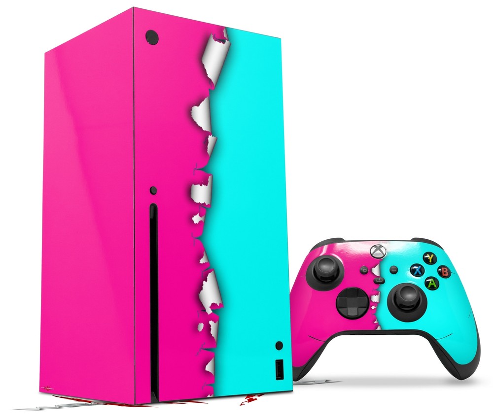 Skin Set for XBOX Series X Ripped Colors Hot Pink Neon Teal