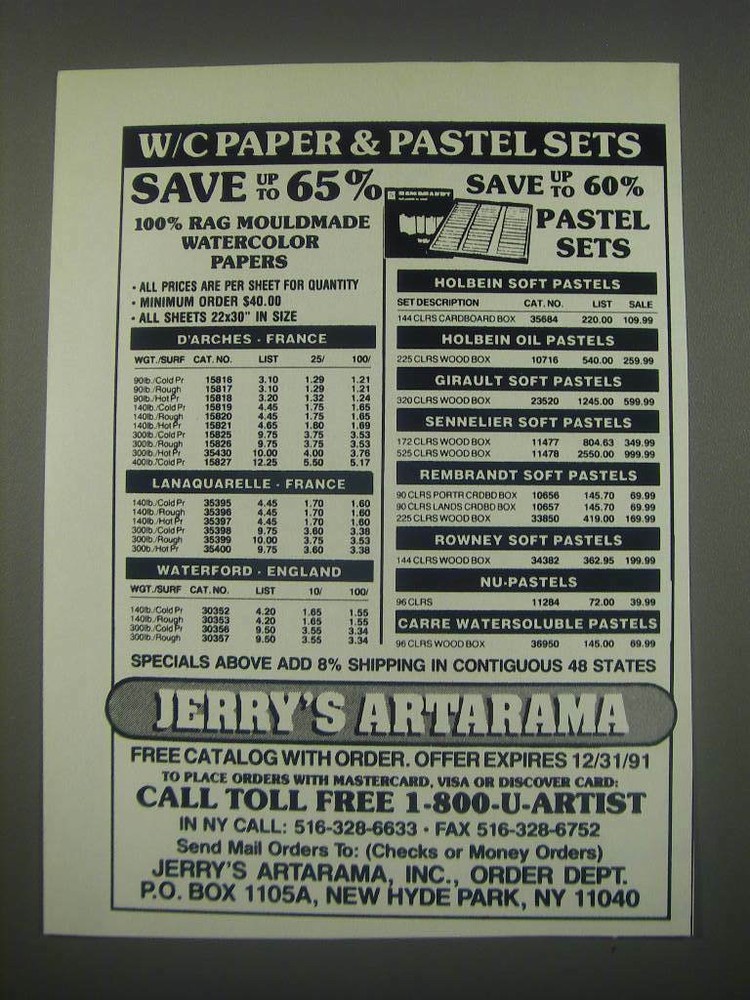 1991 Jerry's Artarama Ad - W/C paper & pastel sets