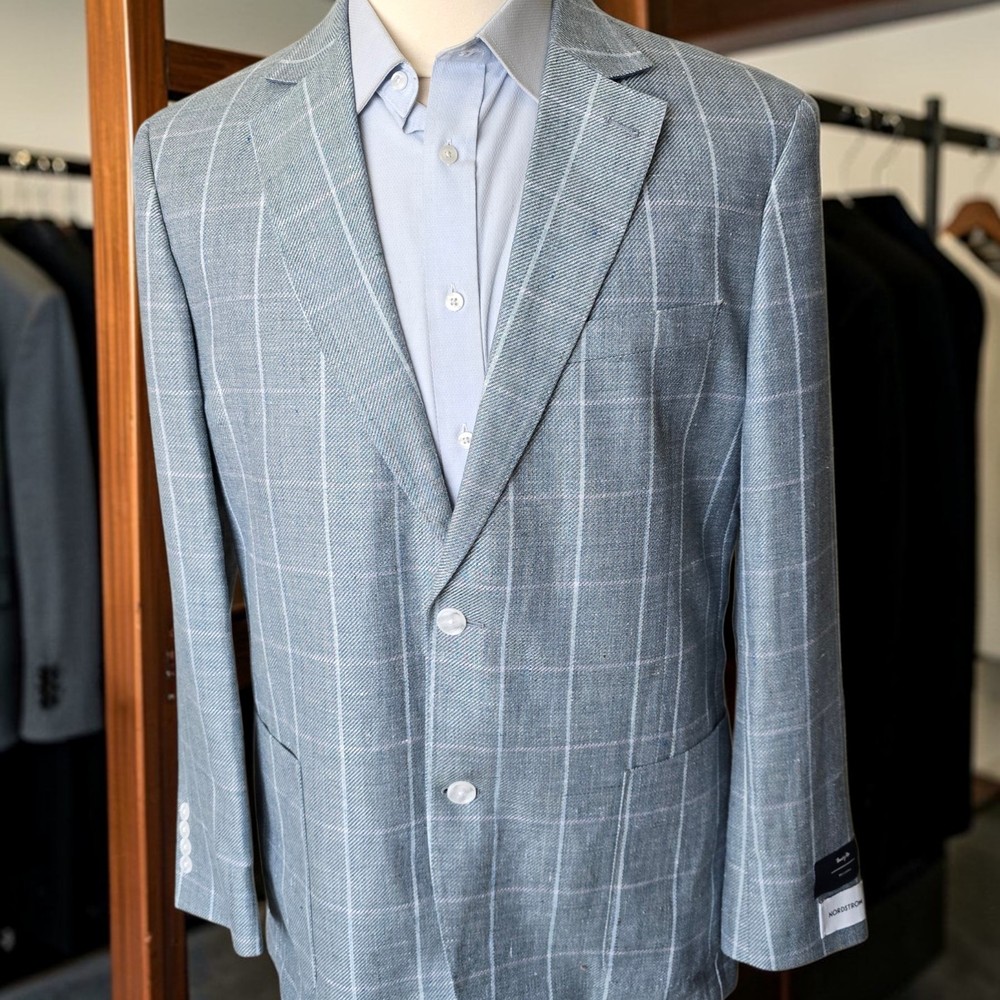 New Nordstrom Blazer 46L Linen Wool Windowpane Unstructured Dual Vent Marzotto