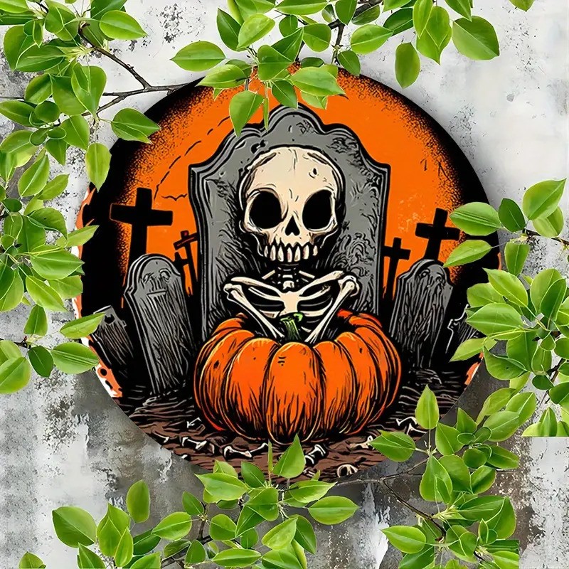 Gothic Halloween Skull Pumpkin Tombstone Cemetery Metal Sign