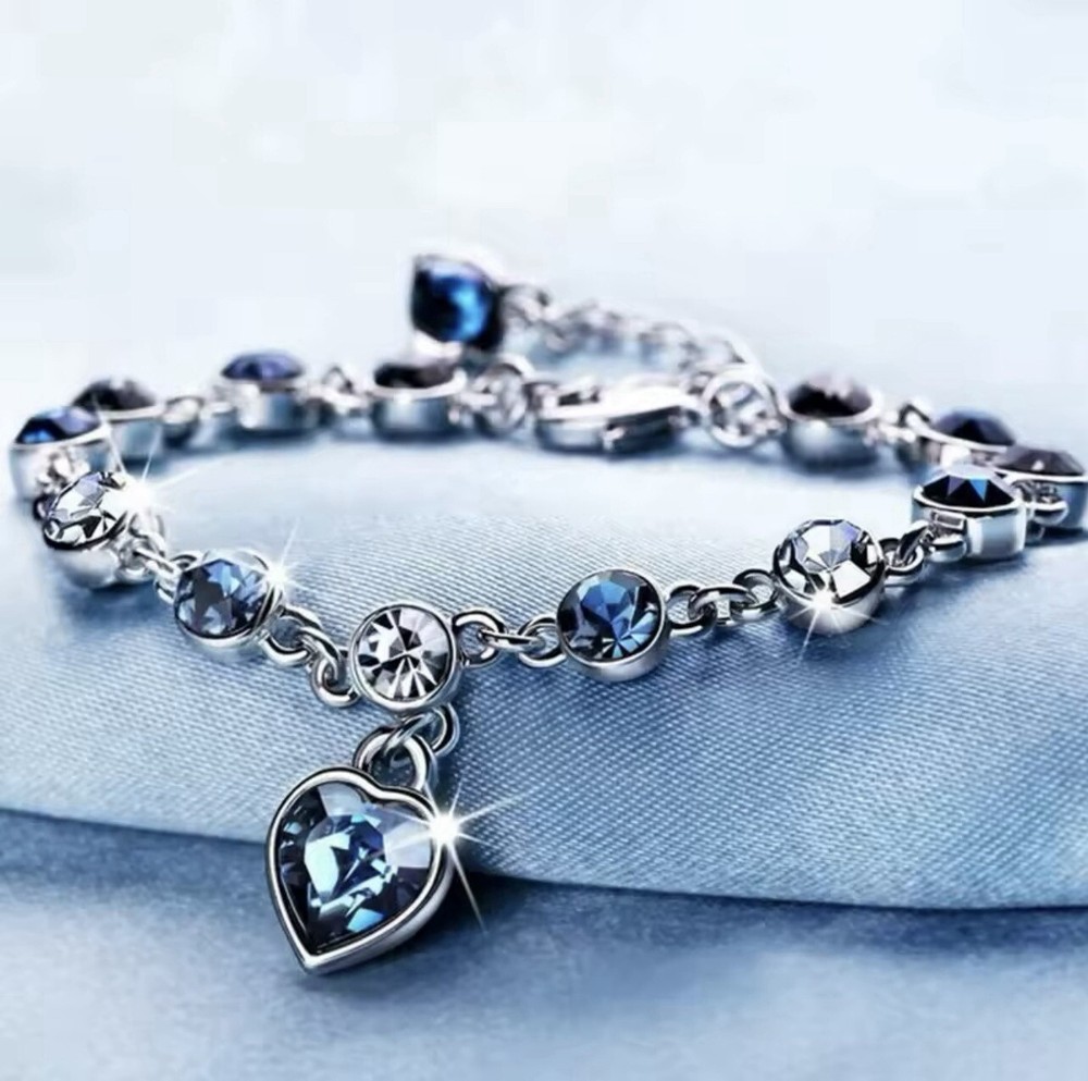 Silver Blue Crystal Heart Charm Bracelet for Women – Lucky Love Gift Jewellery