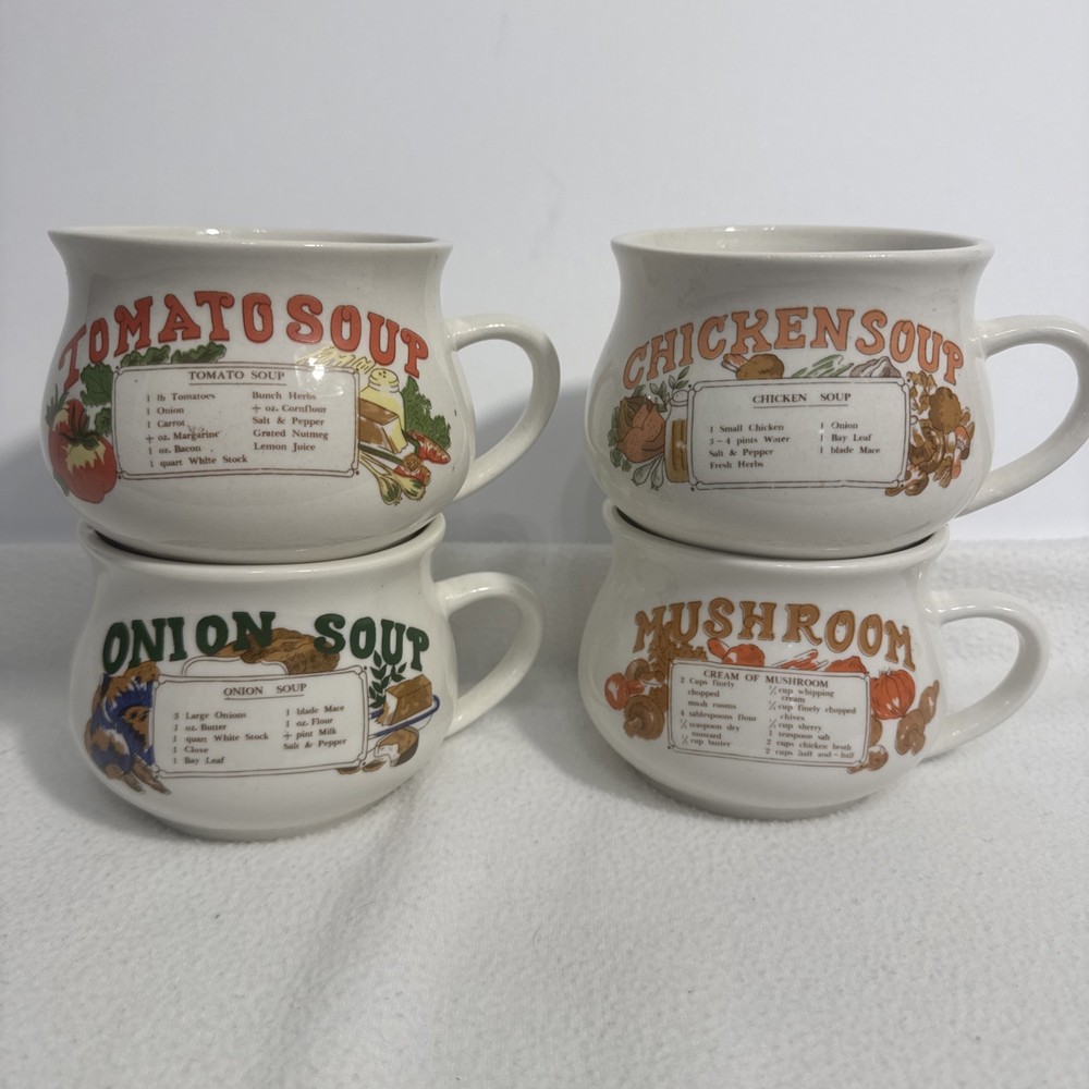 Vintage RECIPE SOUP Bowls/Mugs Set Of 4 - Chicken, Mushroom, Onion & Tomato