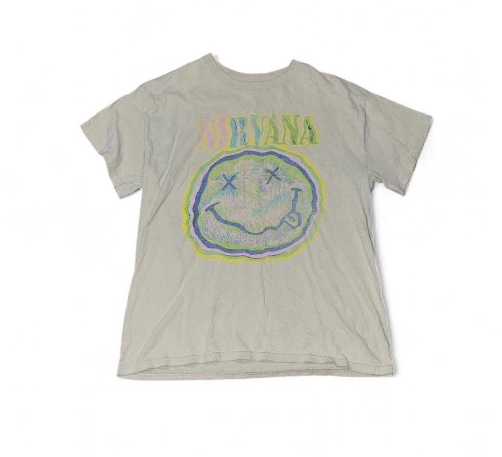 Nirvana Shirt Mens Medium Beige Smiley Face Graphic Band Tee T-Shirt Grunge Rock