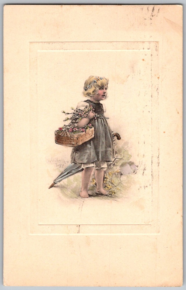 Antique Postcard Girl Flower Basket 1910s
