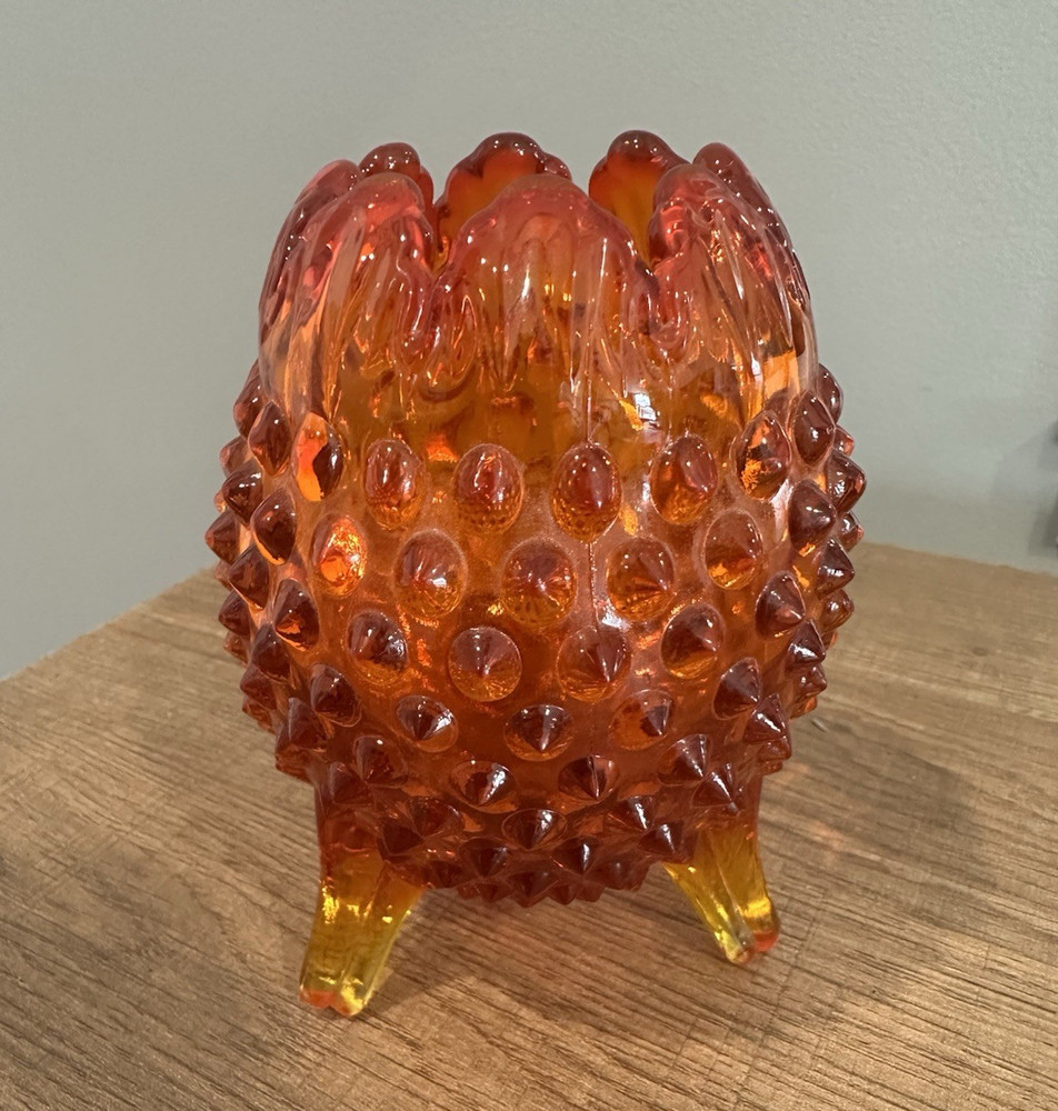 Vintage Glass Red Orange Amberina Hobnail Footed Oval Rose Bowl Vase
