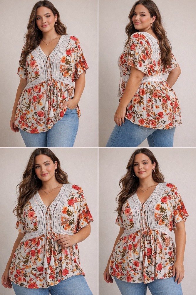 Torrid Cottagecore Babydoll Crochet Trim Top Women 4X Floral Lace Up Tassel Boho